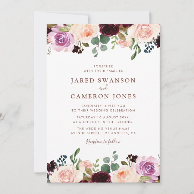 Invitation burgundy blush & violet automne mariage floral (Devant)