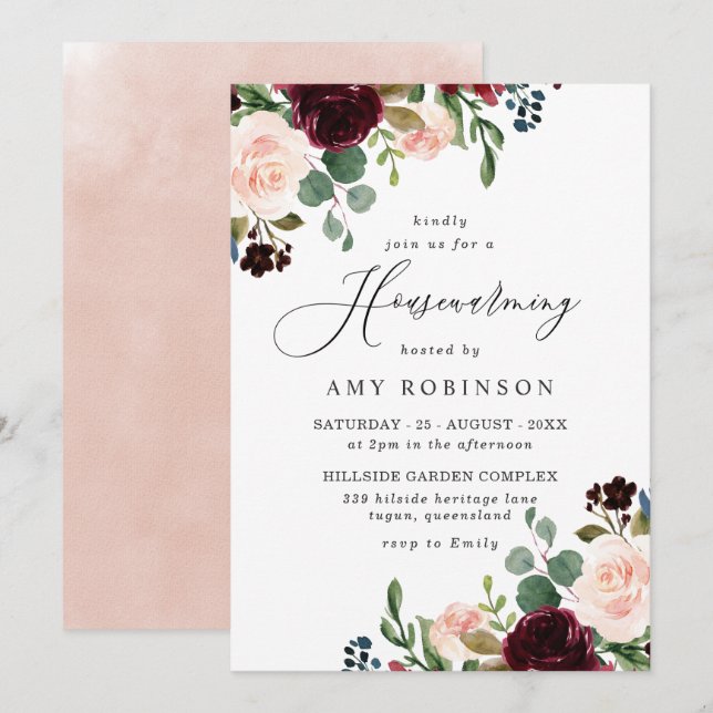 Invitation Burgundy & Blush Watercolor Fête de réchauffement  (Devant / Derrière)