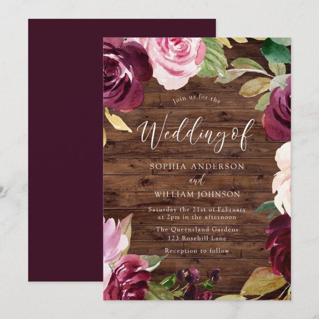 Invitation Burgundy Blush Watercolor Fleurs Mariage rustique (Devant / Derrière)