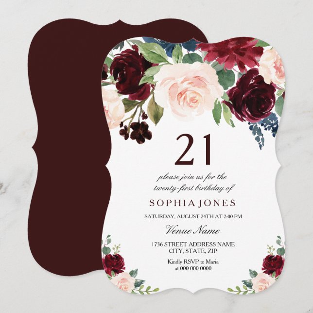 Invitation Burgundy Boho Aquarelle Blush 21e fête d'anniversa (Devant / Derrière)