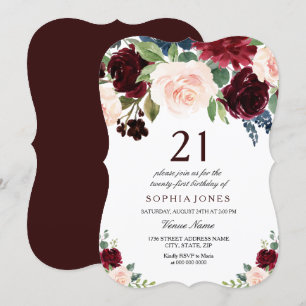 Invitation Burgundy Boho Aquarelle Blush 21e fête d'anniversa