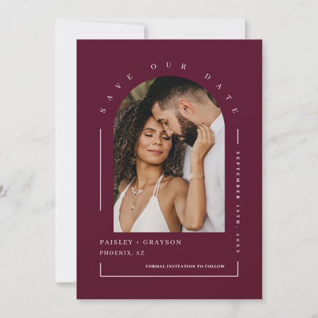 Invitation Burgundy Boho Arch Photo QR Code Enregistrer notre (Devant)