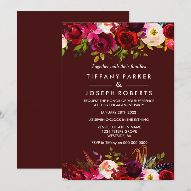 Invitation Burgundy Boho Floral Spring Engagement Party (Devant / Derrière)