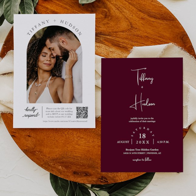 Invitation Burgundy Boho Mariage Arch Photo QR Code RSVP (Créateur téléchargé)