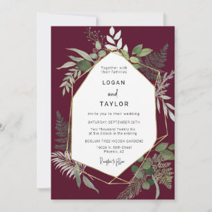 Invitation Burgundy Botanical Greenery Gold QR Code Photo