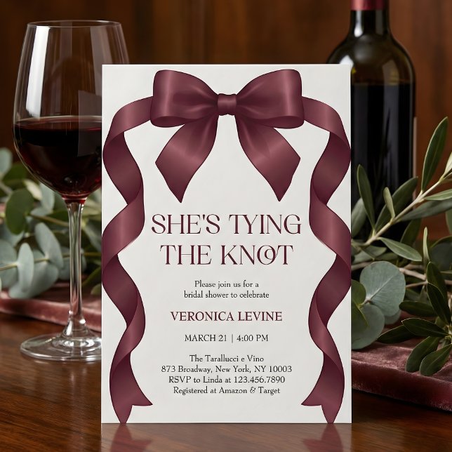 Invitation Burgundy Bow She’s Tying the Knot Bridal Shower  (Coquette Black Bow Champagne Coupe She's Tying The Knot Bridal Shower invitation)
