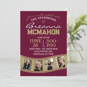 Invitation Burgundy Bronze Gold Filmstrip 5 Photo Graduation