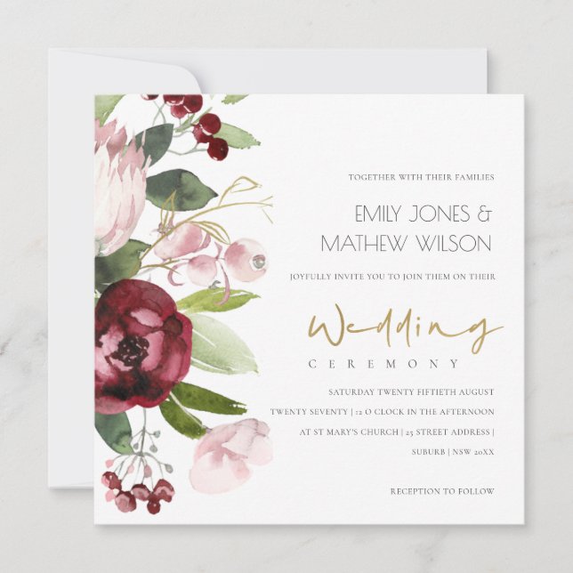 INVITATION BURGUNDY BURGUNDY ROSE BLANC PEONY MARIAGE FLORAL (Devant)