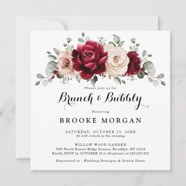 Invitation Burgundy Champagne Ivory Mauve Brunch et Bubbly (Devant)