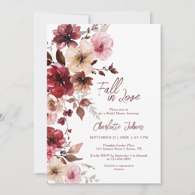 Invitation Burgundy Chute en Amour Vin Rouge Blush Fête des m (Devant)