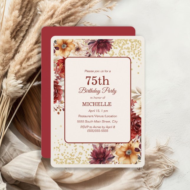 Invitation Burgundy Cream Floral Gold Parties scintillant 75e (Burgundy and cream watercolor floral 75th ibirthday party invitation)