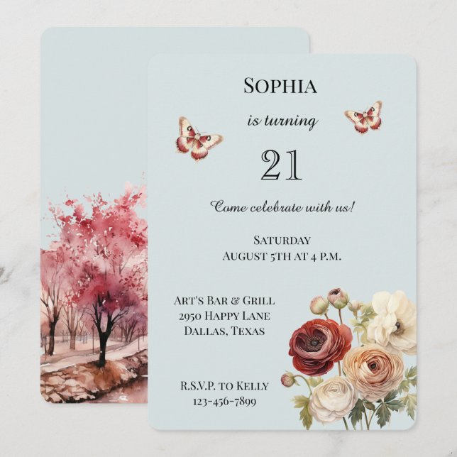 Invitation Burgundy Crème Florale Anniversaire (Devant / Derrière)