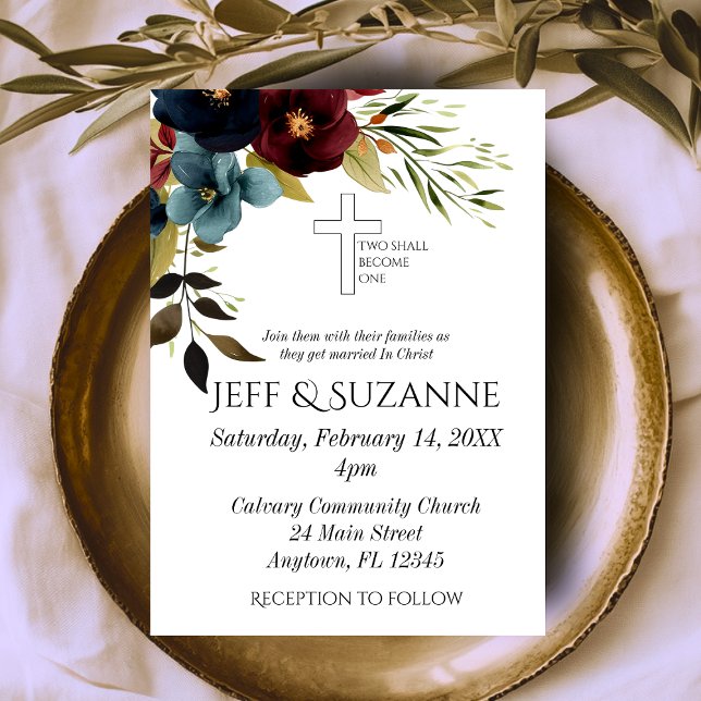 Invitation Burgundy Croix Florale Bleue Deux deviennent un Ma (Burgundy Blue Floral Cross Two Become One Wedding Invitation)