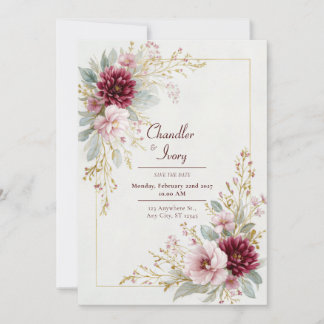 Invitation Burgundy Dahlia Pink Rose Gold Frame Wedding
