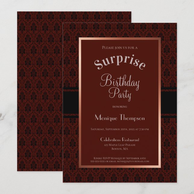 Invitation Burgundy Damask Surprise fête d'anniversaire (Devant / Derrière)