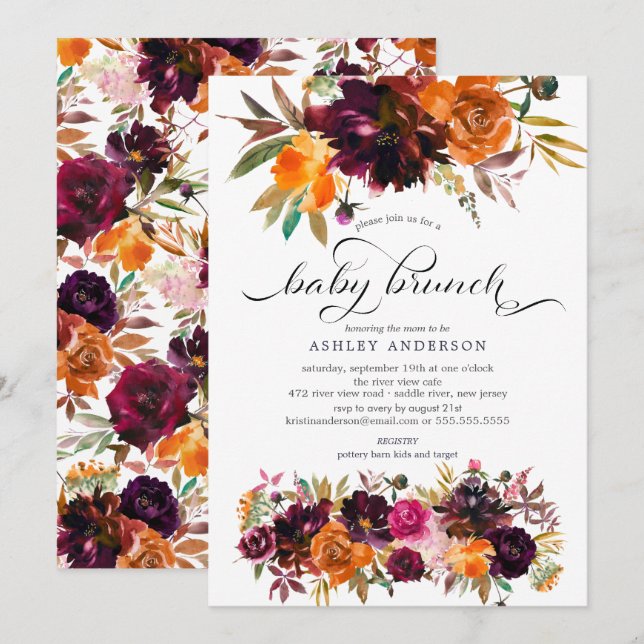 Invitation Burgundy d'automne & Orange Floral Baby Brunch (Devant / Derrière)