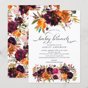 Invitation Burgundy d'automne & Orange Floral Baby Brunch