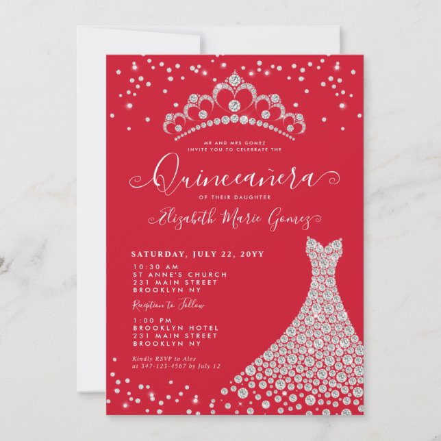 Invitation Burgundy Diamond Sparkle Tiara Gown Quinceanera (Devant)