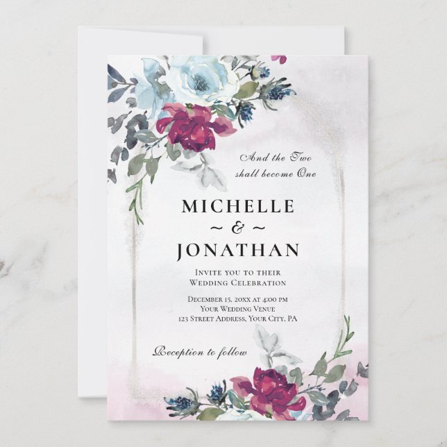 Invitation Burgundy Dusty Blue Rose Garden Mariage chrétien (Devant)