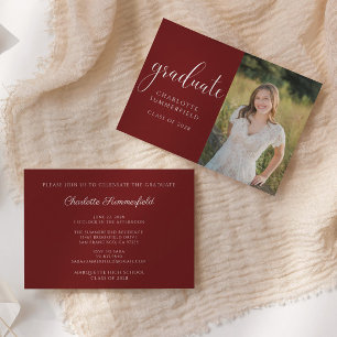 Invitation Burgundy Elegant Script Graduation Photo