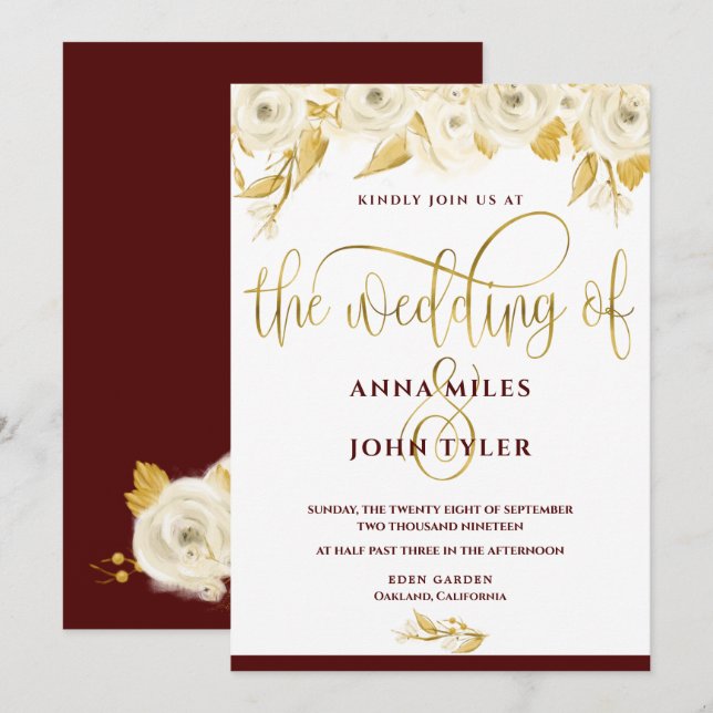 Invitation Burgundy Élégante Typographie Or Roses Blanches Or (Devant / Derrière)