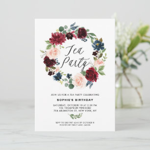 Invitation Burgundy et Blue Floral Wreath Tea Party