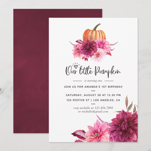 Invitation Burgundy et Blush Automne Automne Citrouille Anniv (Devant / Derrière)