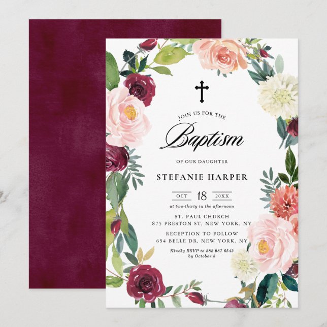 Invitation Burgundy et Blush Floral Wreath Fall Baptiser (Devant / Derrière)