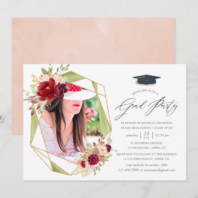 Invitation Burgundy et Blush Geometry Graduation Party (Devant / Derrière)