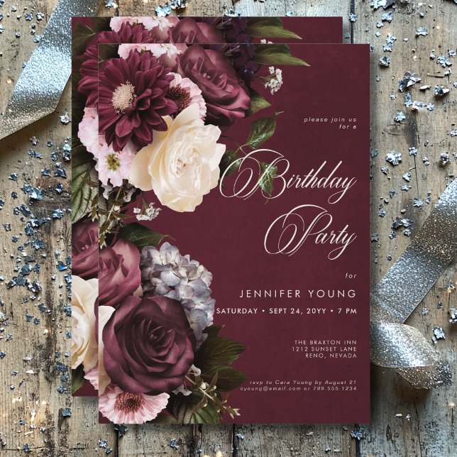 Invitation Burgundy et Crème Fleur Fête (Dark Elegant Burgundy & Cream Floral Birthday Invitation)