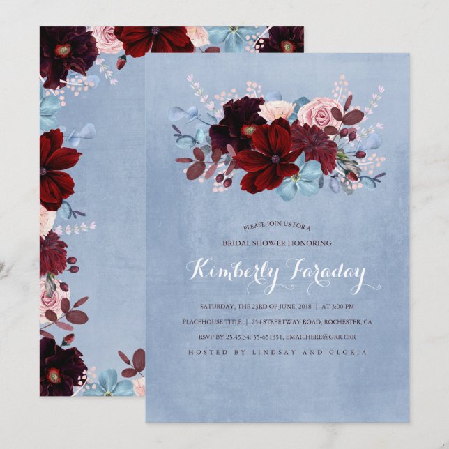 Invitation Burgundy et Dusty Blue Floral Fête des mariées (Devant / Derrière)