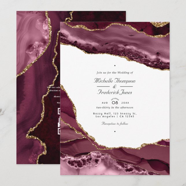 Invitation Burgundy et Gold Agate QR Code RSVP Mariage (Devant / Derrière)