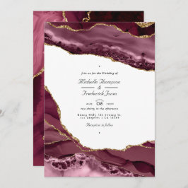 Invitation Burgundy et Gold Agate QR Code RSVP Mariage