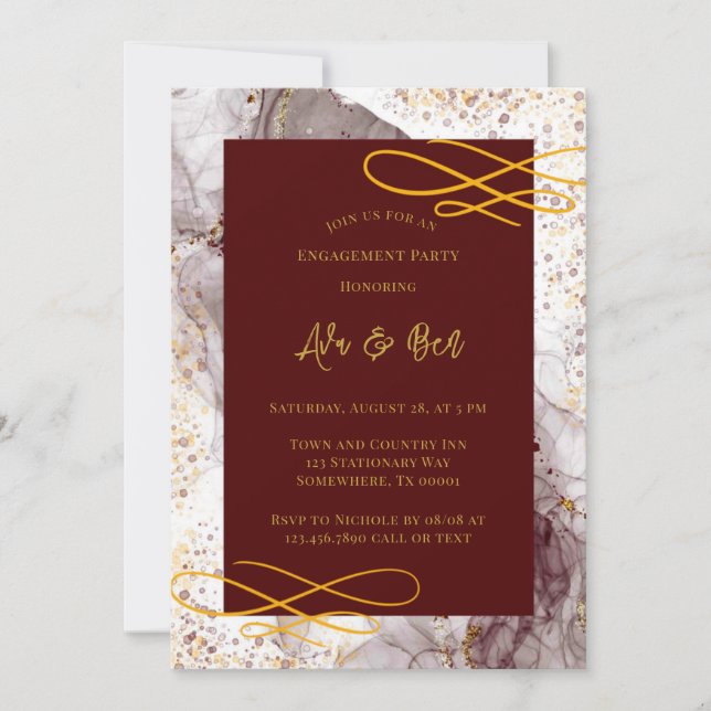Invitation Burgundy et Gold Alcok Engagement Party (Devant)