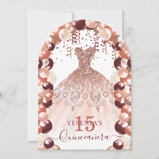 Invitation Burgundy et Rose Gold Quinceañera robe Ballotte (Devant)