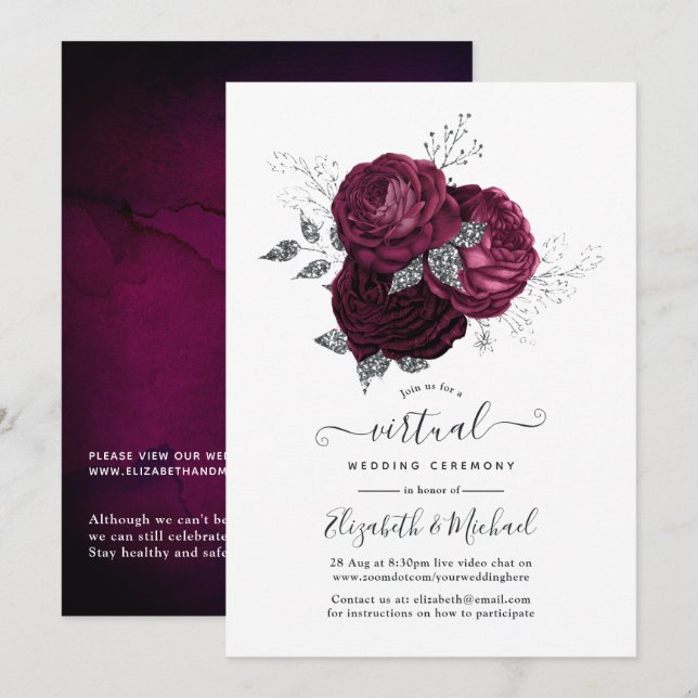 Invitation Burgundy et Silver Floral Mariage virtuel en ligne (Devant / Derrière)
