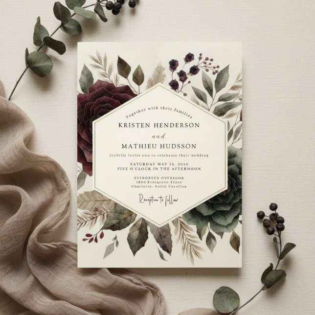 Invitation Burgundy Ethereal Bloom Wedding (Créateur téléchargé)