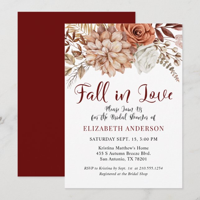 Invitation Burgundy Fall Boho Floral Bridal Showing Invitatio (Devant / Derrière)