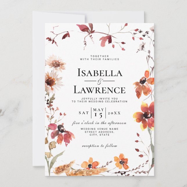 Invitation Burgundy Fall Floral Aquarelle Fleur sauvage Maria (Devant)