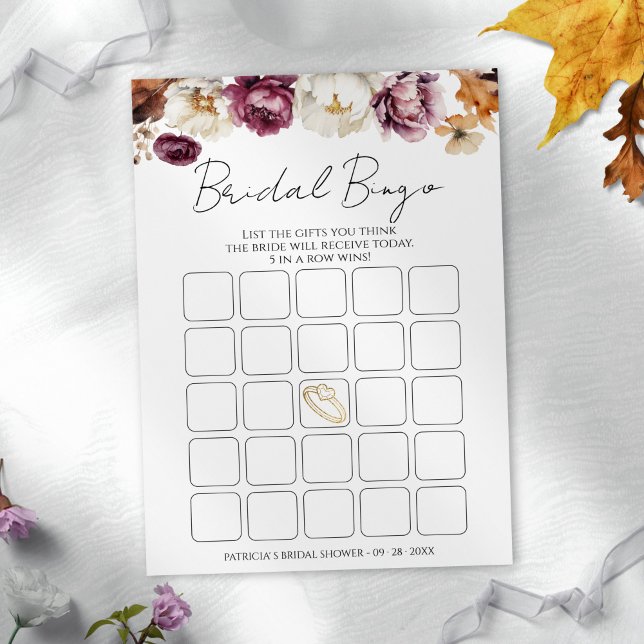 Invitation Burgundy Fall Floral douche bingo jeu de bingo (Créateur téléchargé)