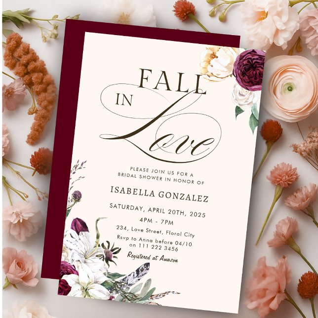 Invitation Burgundy Fall in Love Fête des mariées d'automne (Burgundy Fall in Love Autumn Bridal Shower Invitation)