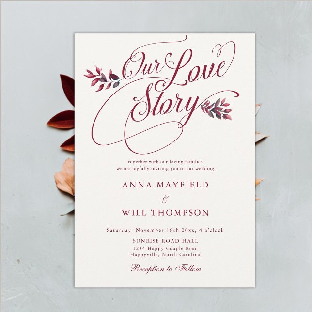 Invitation Burgundy Fall Love Story Romantique Elégant Mariag (burgundy fall leaves wedding invitation elegant rustic boho modern classic formal romantic simple)