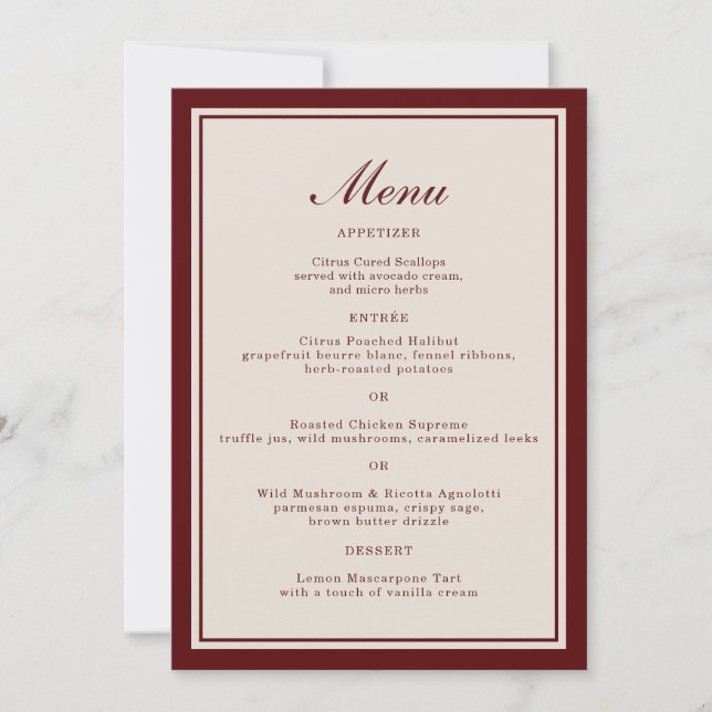 Invitation Burgundy Fall Wedding Menu Card (Devant)