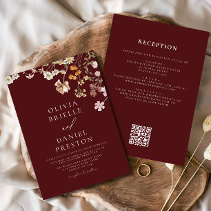 Invitation Burgundy Fleur sauvage All in One QR Code Mariage
