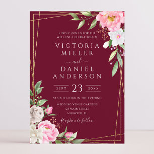 Invitation Burgundy Fleurs Aquarelle Géométrique Or Mariage
