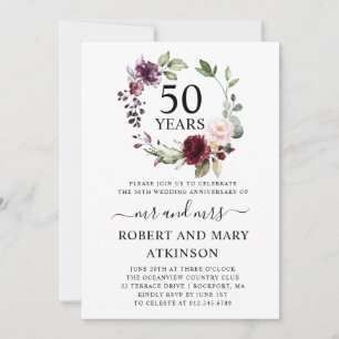 Invitation Burgundy Fleurs Roses 50ème Anniversaire de Mariag
