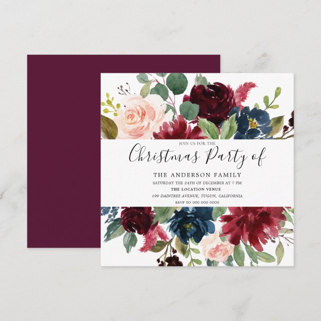 Invitation Burgundy Floral Aquarelle Famille Noël (Devant / Derrière)