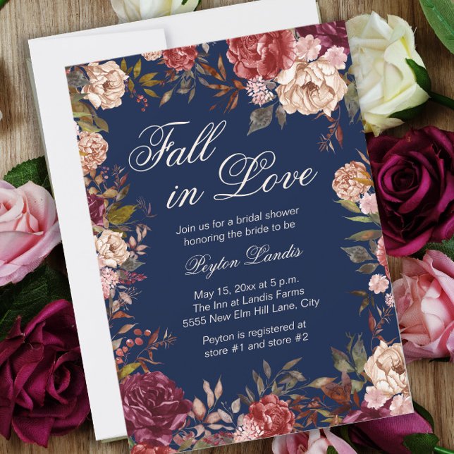 Invitation Burgundy Floral Bleu Chute en Amour Fête des marié (Créateur téléchargé)