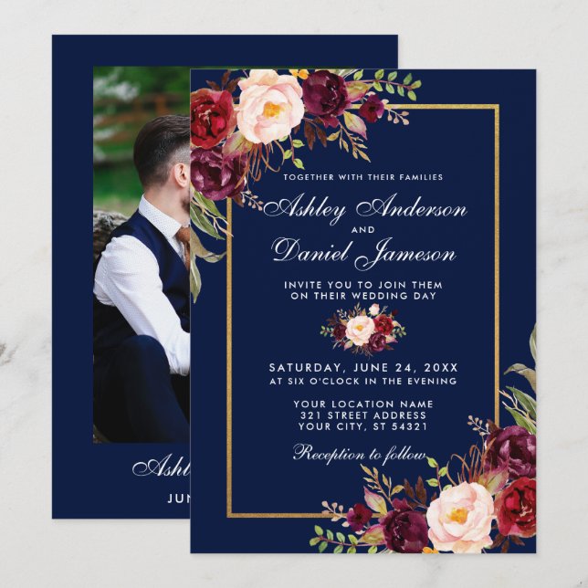 Invitation Burgundy Floral Blue Gold Photo Mariage (Devant / Derrière)