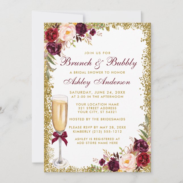 Invitation Burgundy Floral Bridal Brunch Bubbly Gold Parties  (Devant)